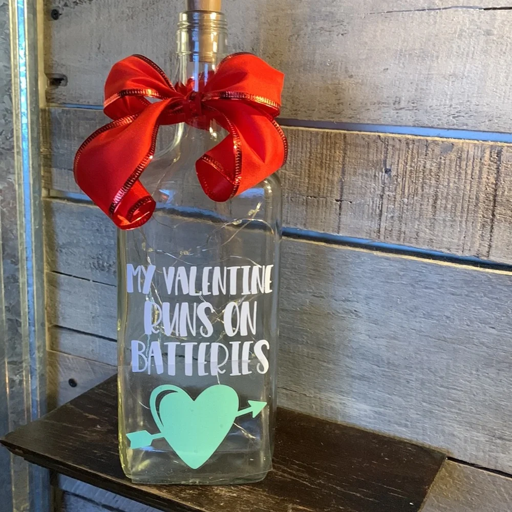 ‘My Valentine Runs on Batteries’ square bottle lantern